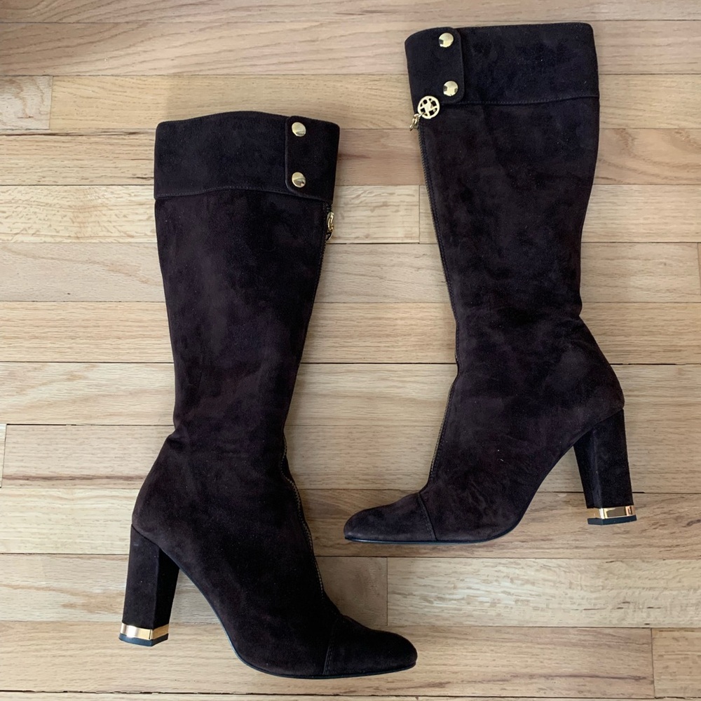 Chic Chocolate Suede Boots with Gold Details